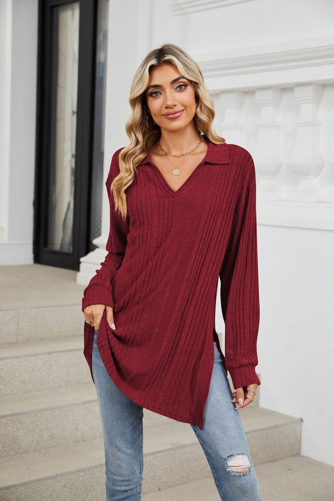 Solid Color V-neck Long-sleeved Loose T-shirt Top