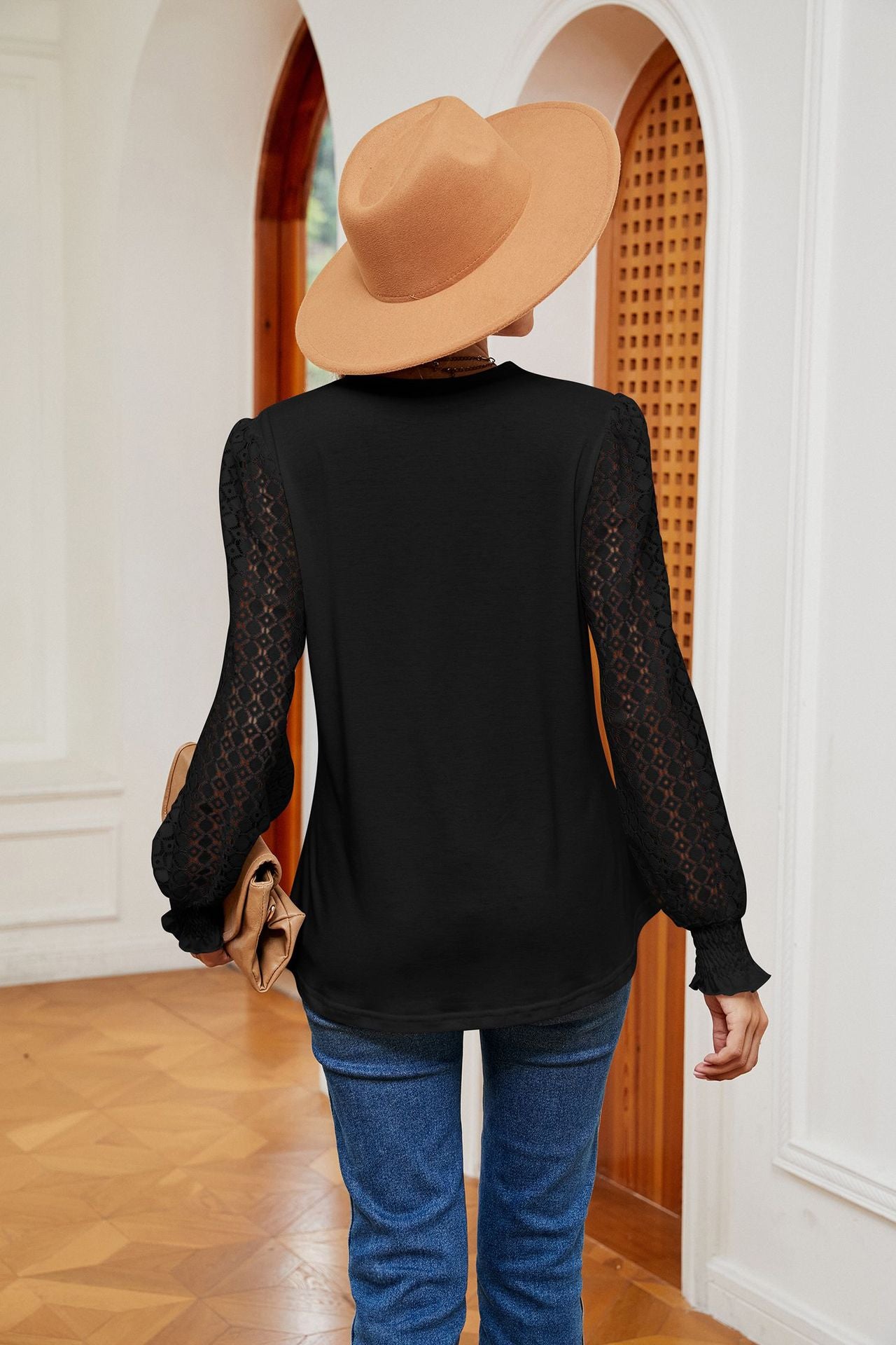 V-Neck Lace Splicing Loose Long Sleeve T-Shirt Top