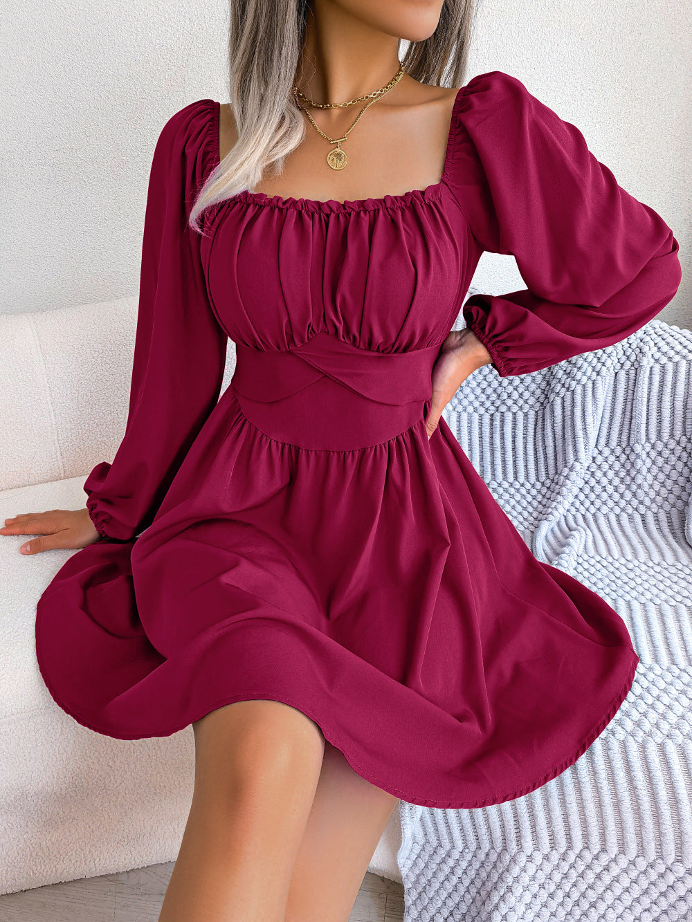 Women's Square Neck Dress Long Sleeve Elastic Waist Flowy Swing