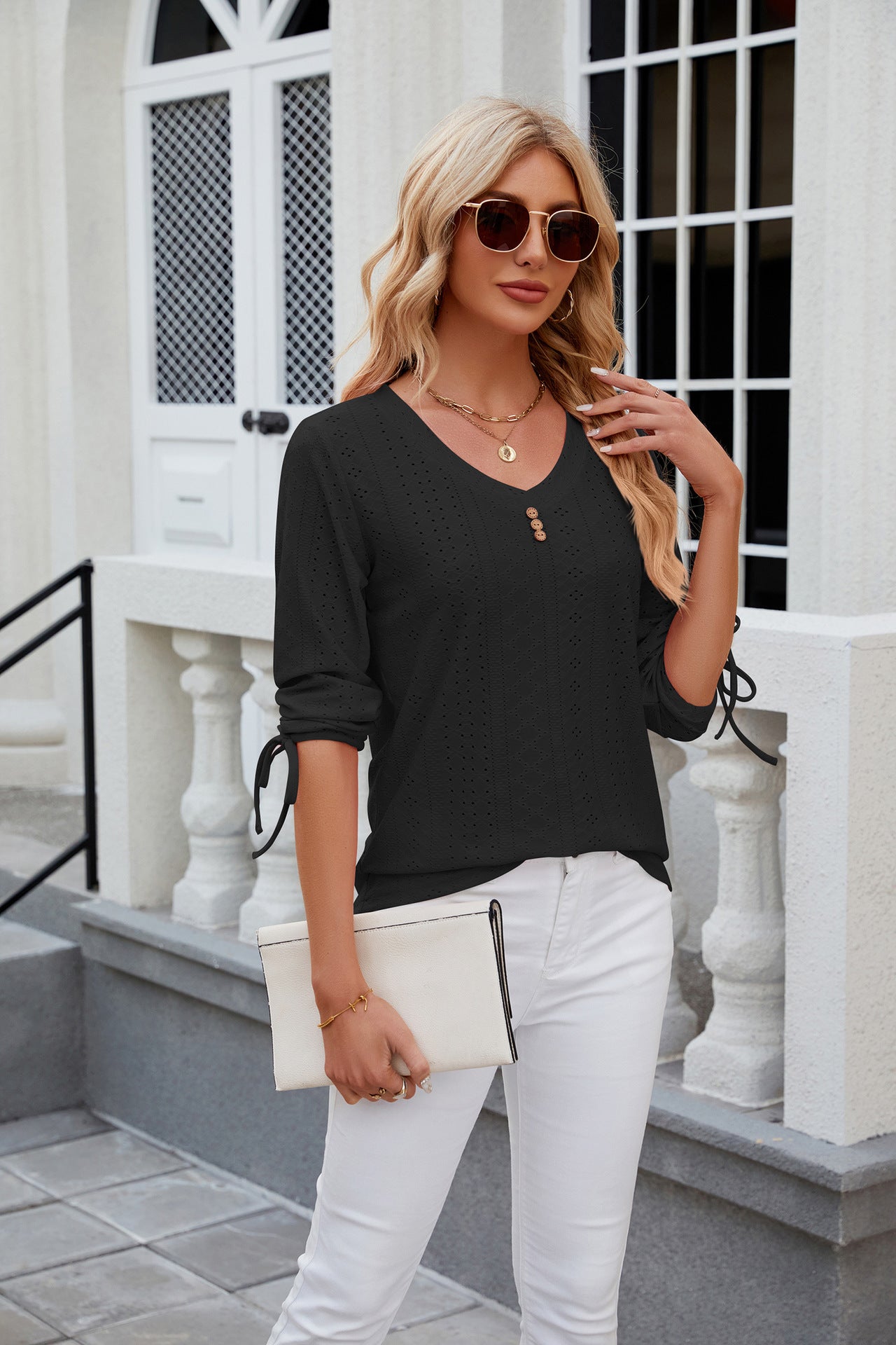 Solid Color Jacquard Button Middle Sleeve T-shirt