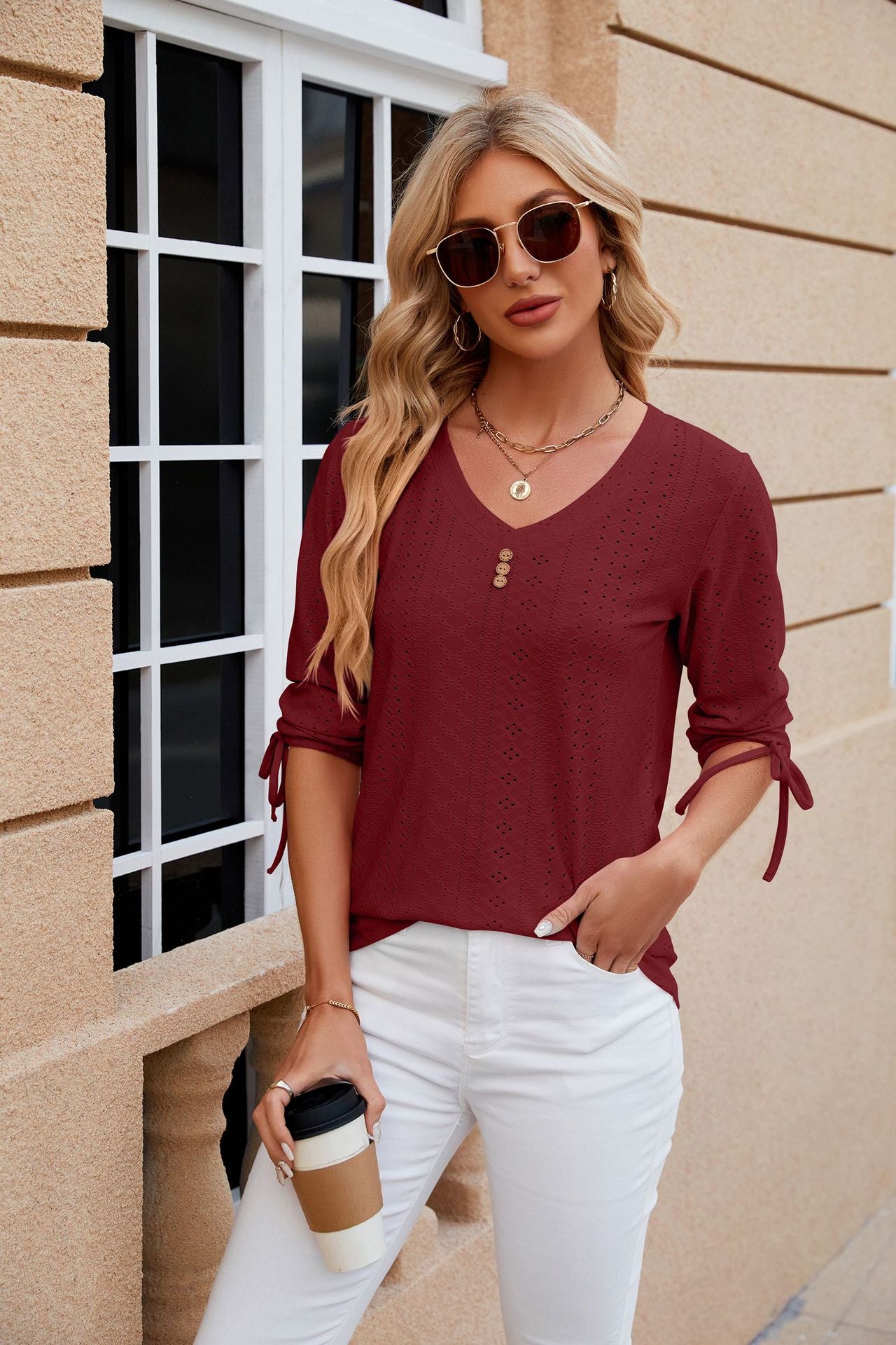 Solid Color Jacquard Button Middle Sleeve T-shirt