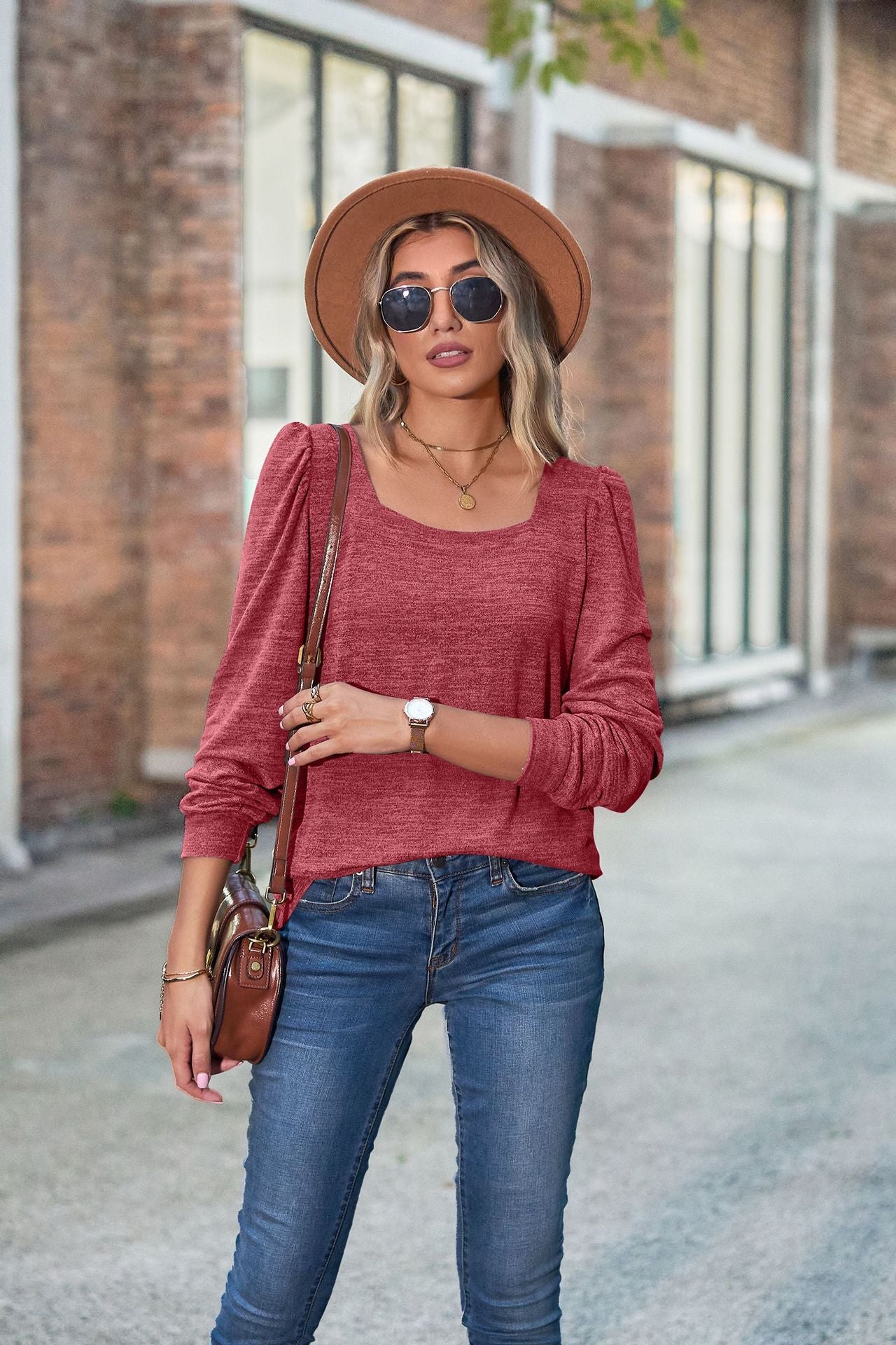 Loose Casual Bubble Sleeves Square Neck Long-sleeved T-shirt