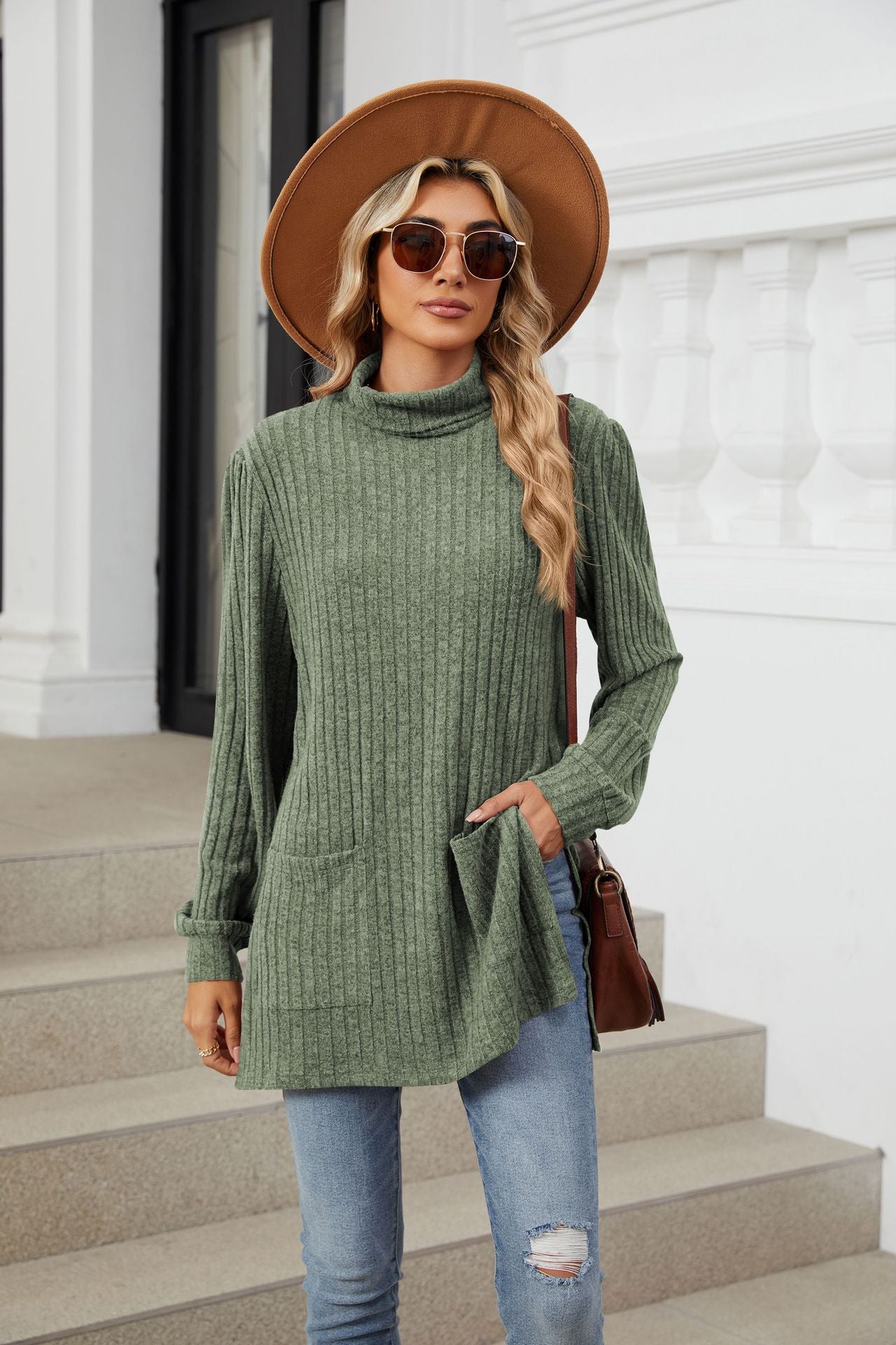 Half Turtleneck Loose Split Pocket T-shirt Top