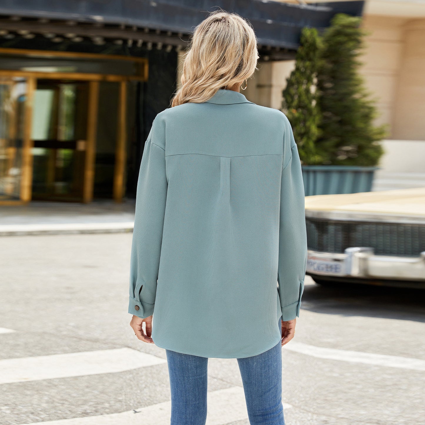 Solid Color Striped Lapel Button Long Sleeve Loose Shirt Women