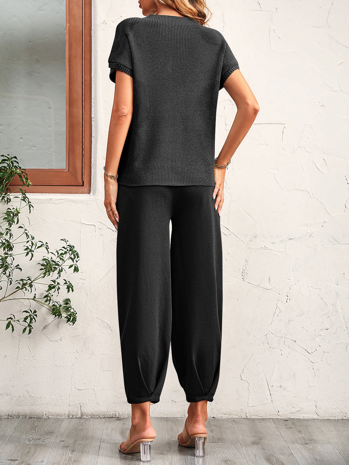 Short Sleeve Long Pants Sweater Two Piece Set