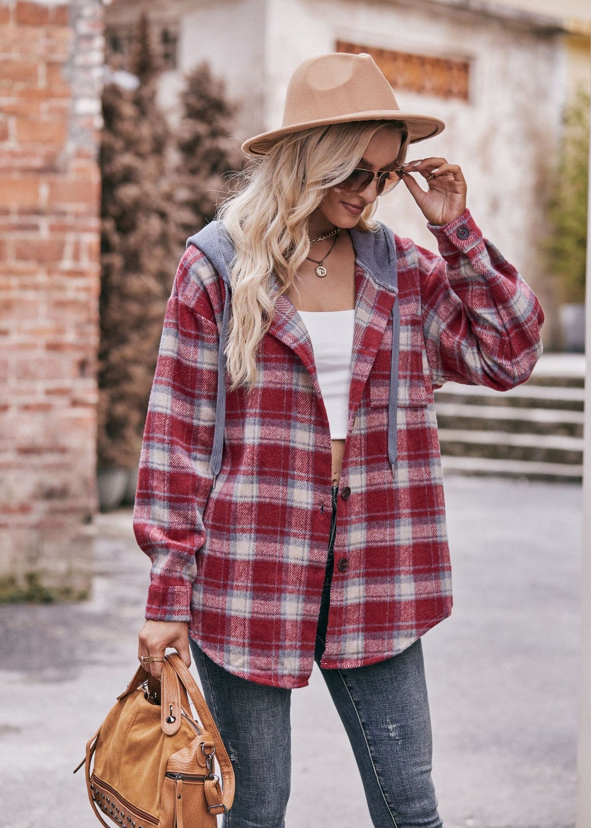 Women's Flannel Checked Jacket Hooded Casual Shirt