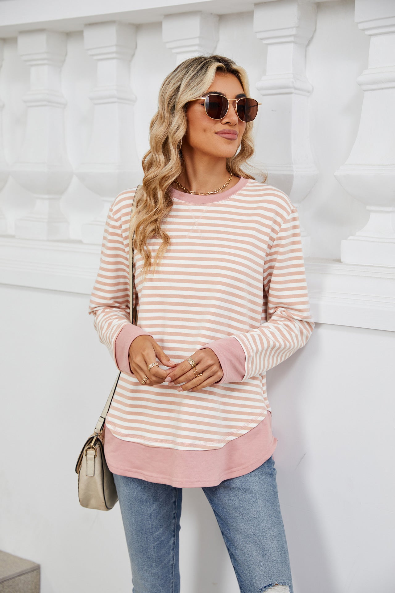 Striped Contrast Color Crew Neck Loose Long Sleeve Sweater