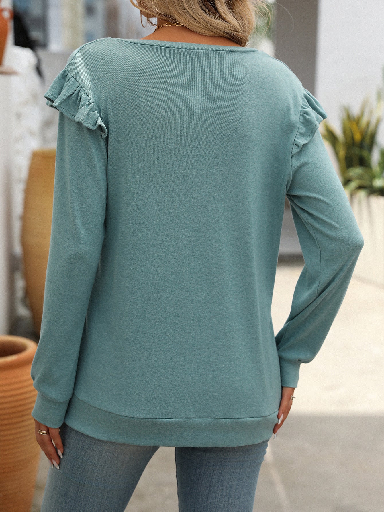 Solid Color Casual Flying Sleeve V-neck Long Sleeve T-shirt