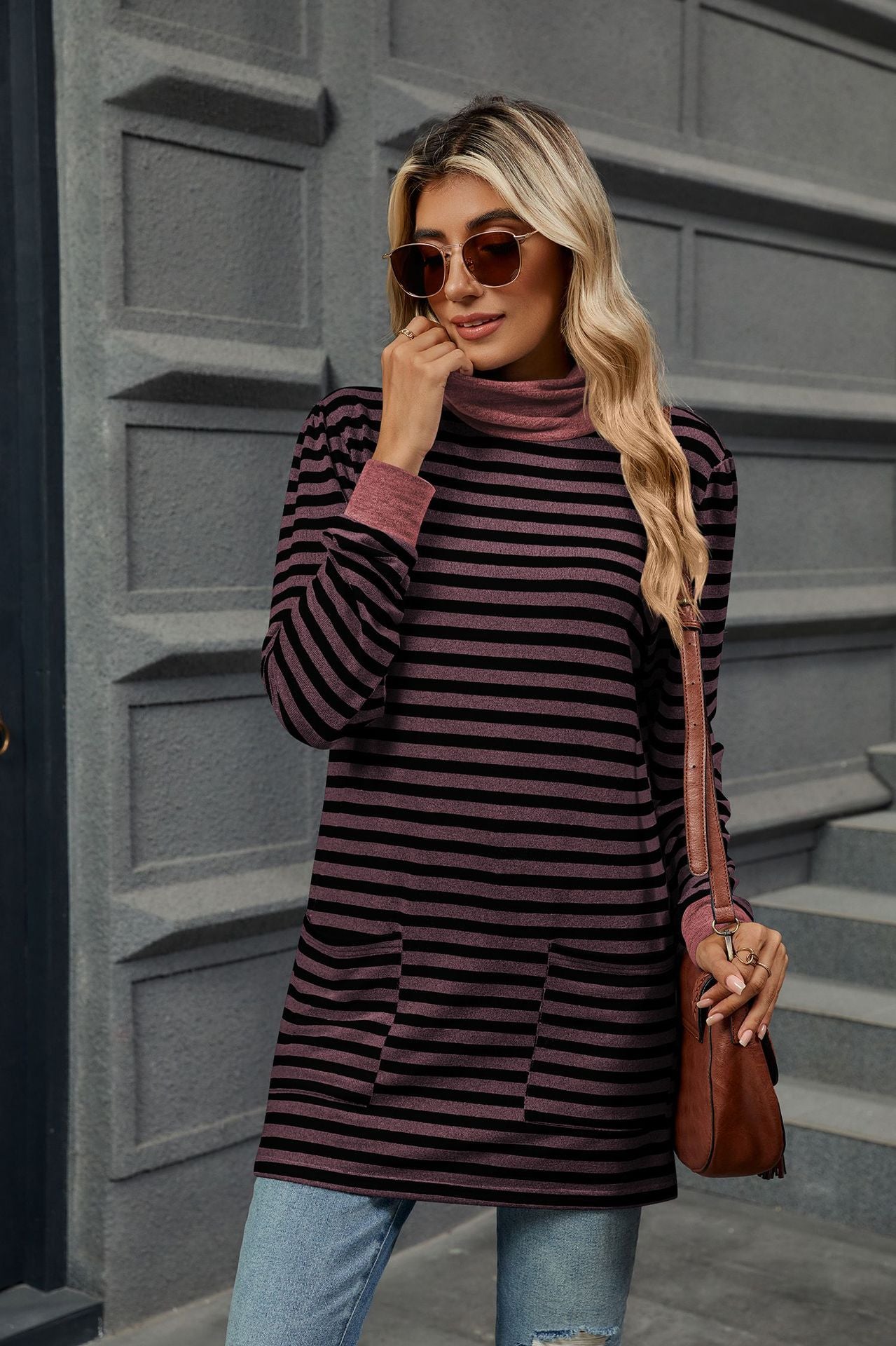 Stripes Contrast Loose Pockets High Neck Long Sleeves