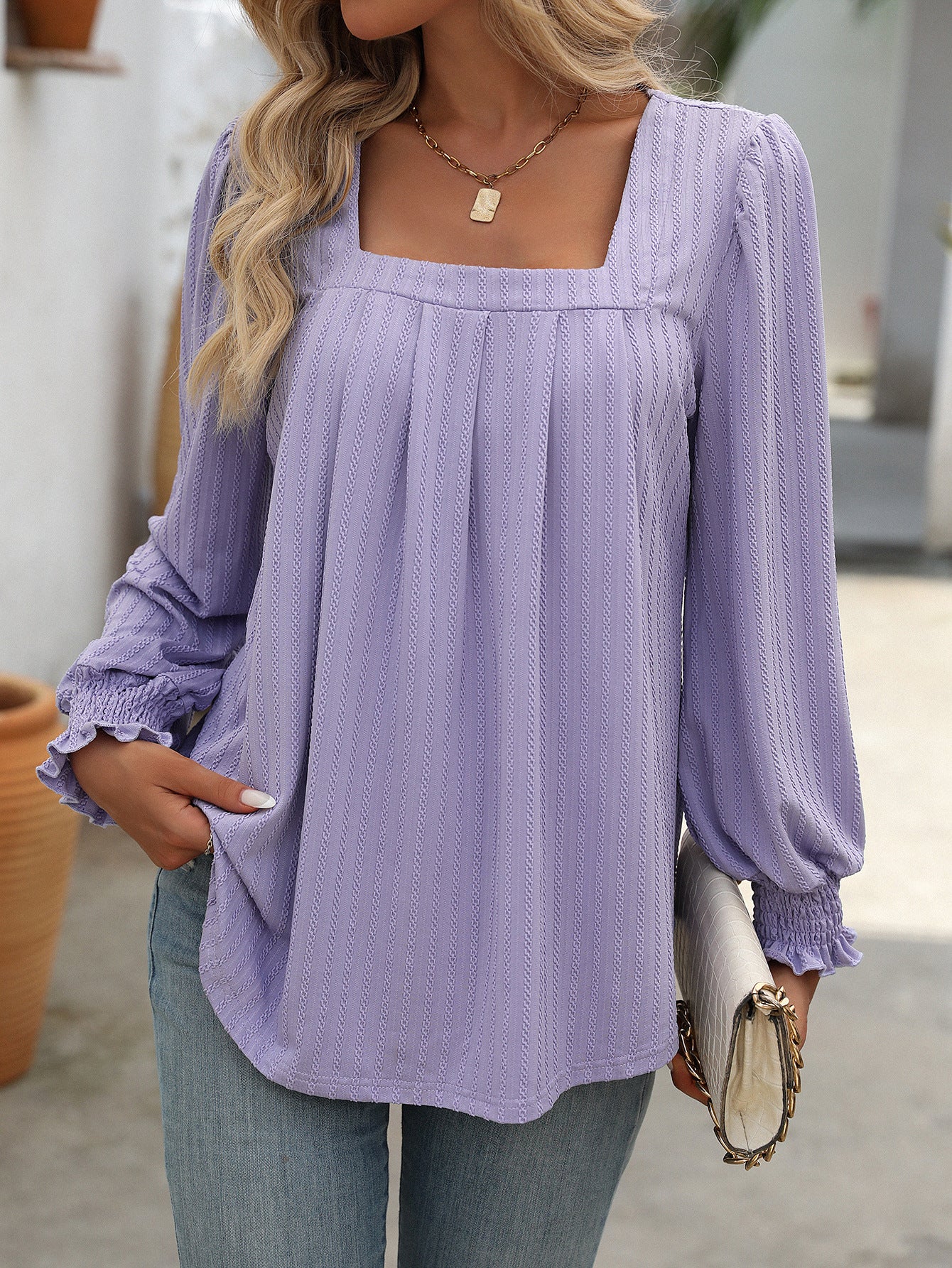 Women's Bubble Sleeve Square Neck Pleated Long Sleeve T-Shirt