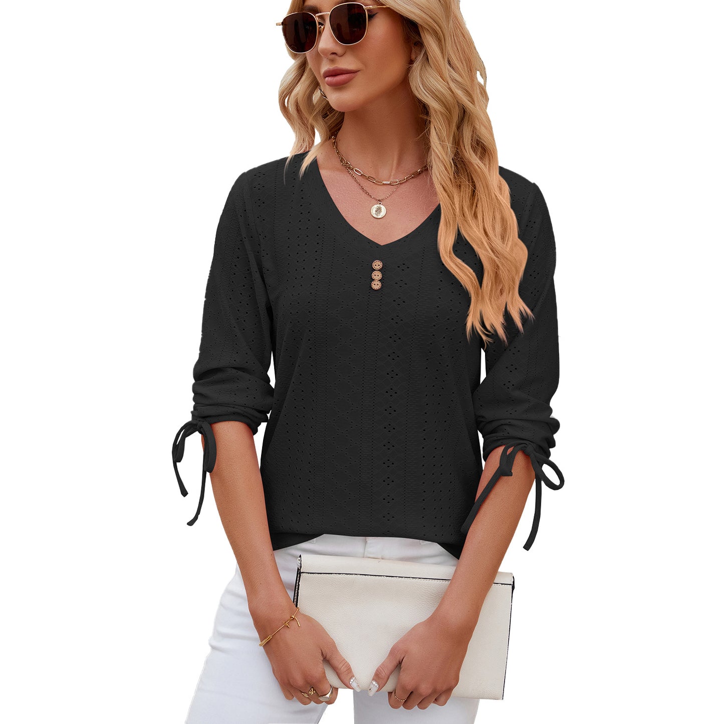 Solid Color Jacquard Button Middle Sleeve T-shirt