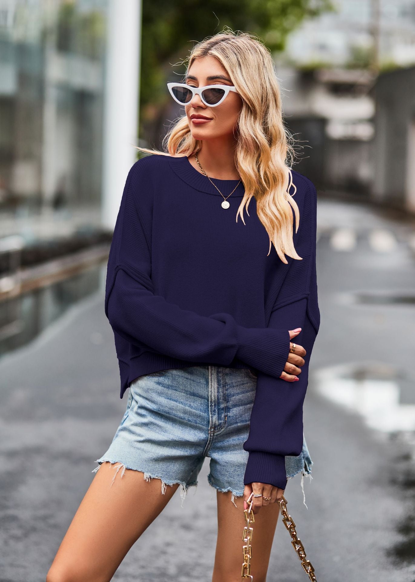 Women's Solid Color Knit Round Neck Loose Pullover Sweater