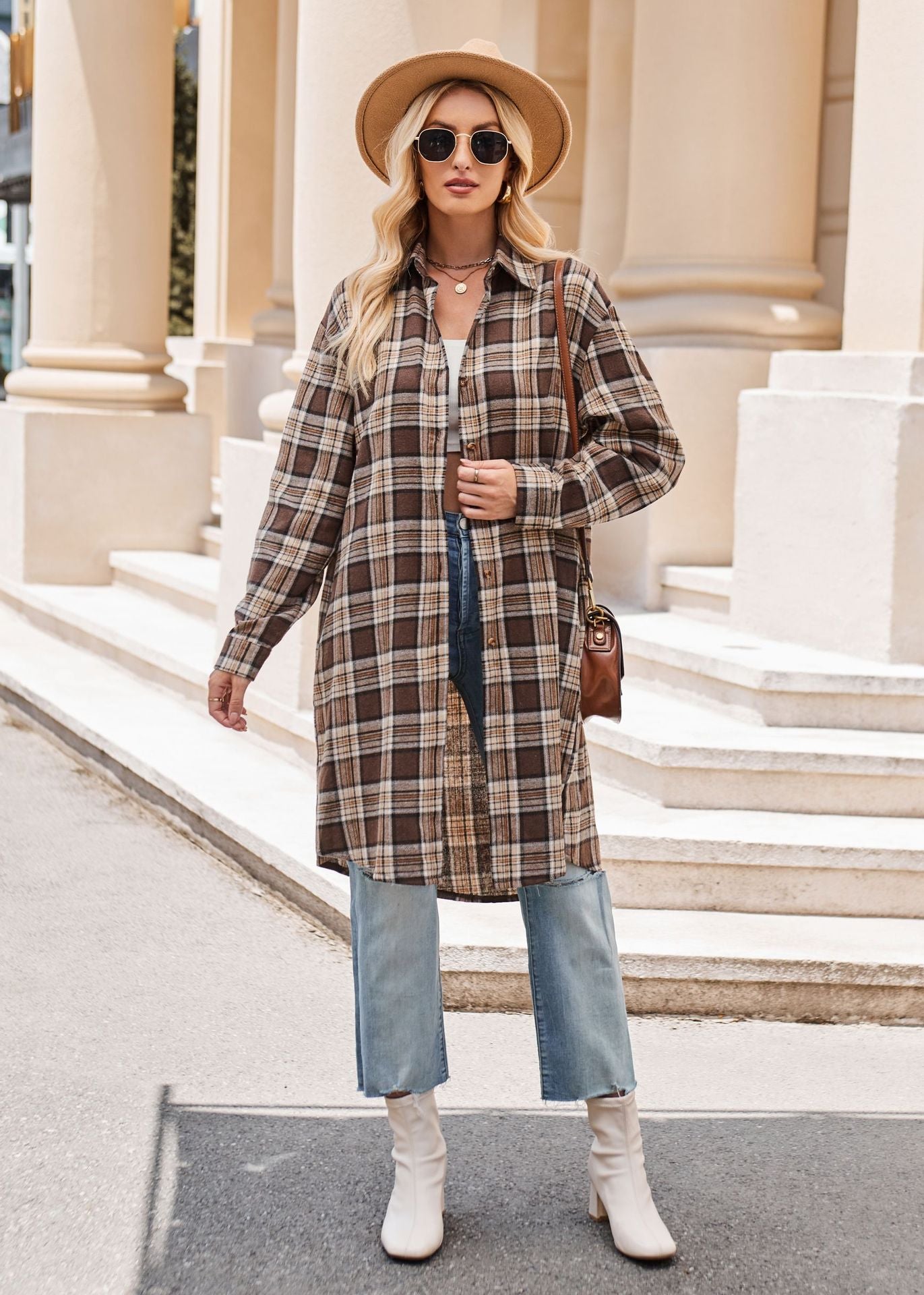 Women's Casual Fashion Loose Long Trench Coat Plaid Shirt