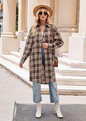 Women's Casual Fashion Loose Long Trench Coat Plaid Shirt