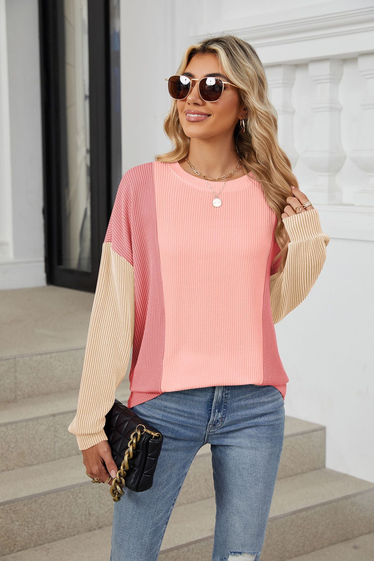 Crew Neck Splicing Loose Sleeve Long Sleeve