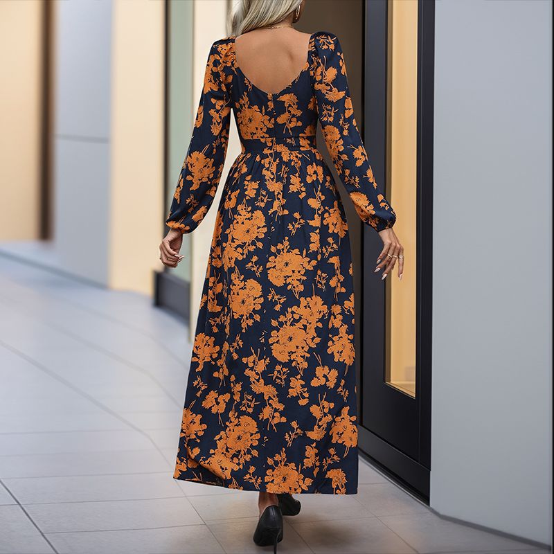 Women's Long-sleeved V-neck Print Dress