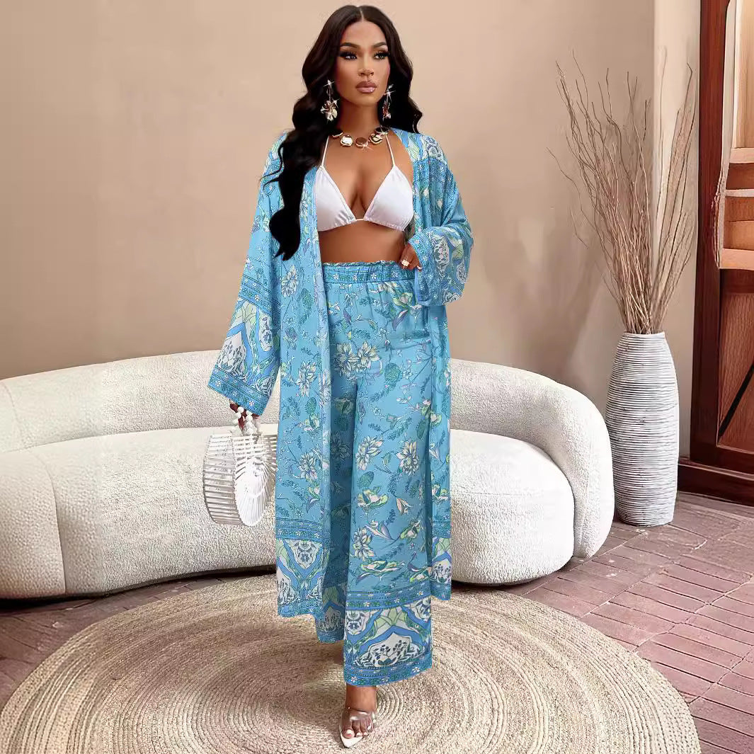 Women's Casual Printed Jacket Wide Leg Pants Set