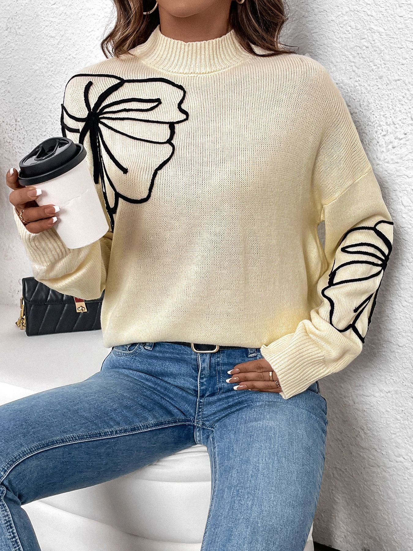 Half Turtleneck Flower Pattern Sweater Women