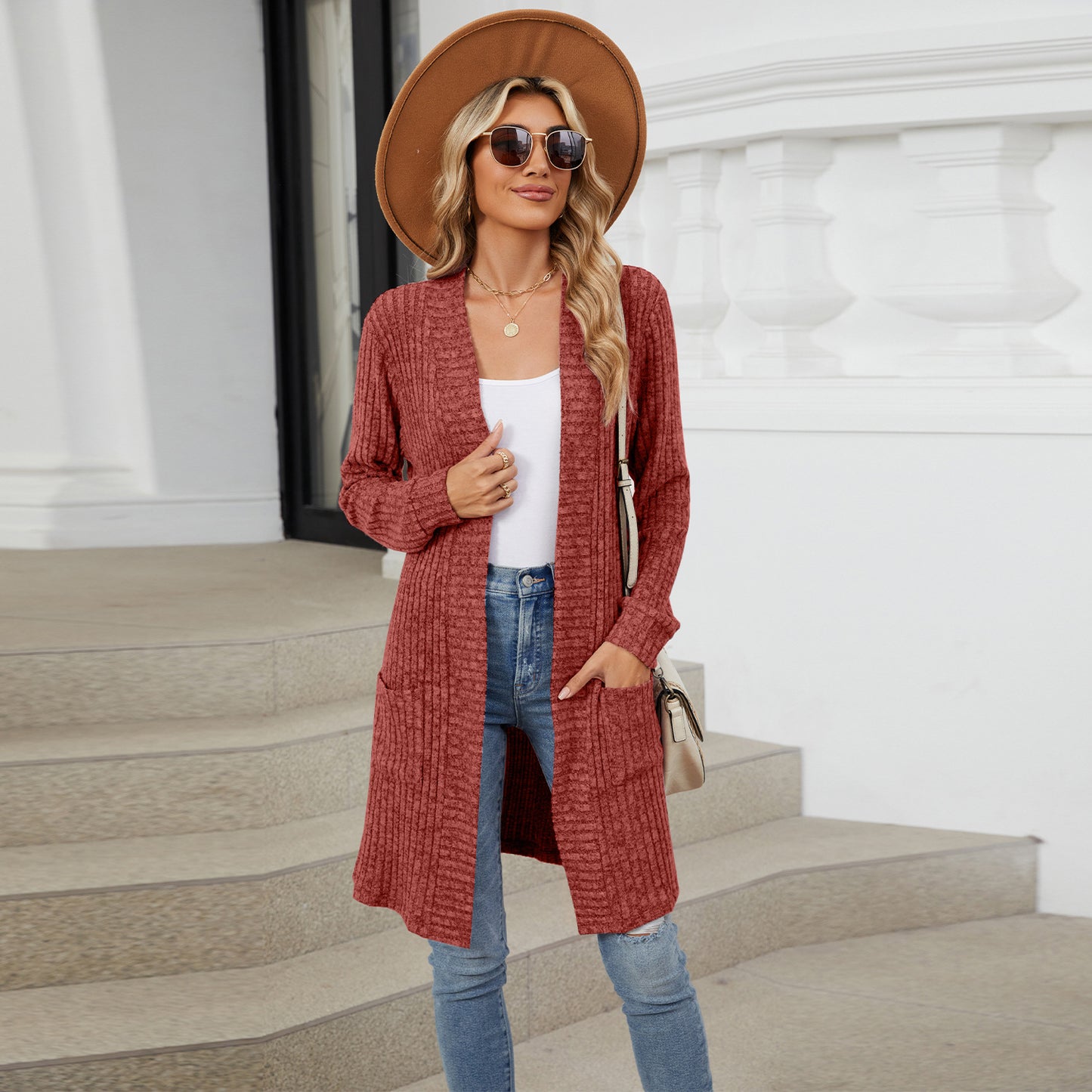 Long Solid Color Long-sleeved Loose Pocket Cardigan