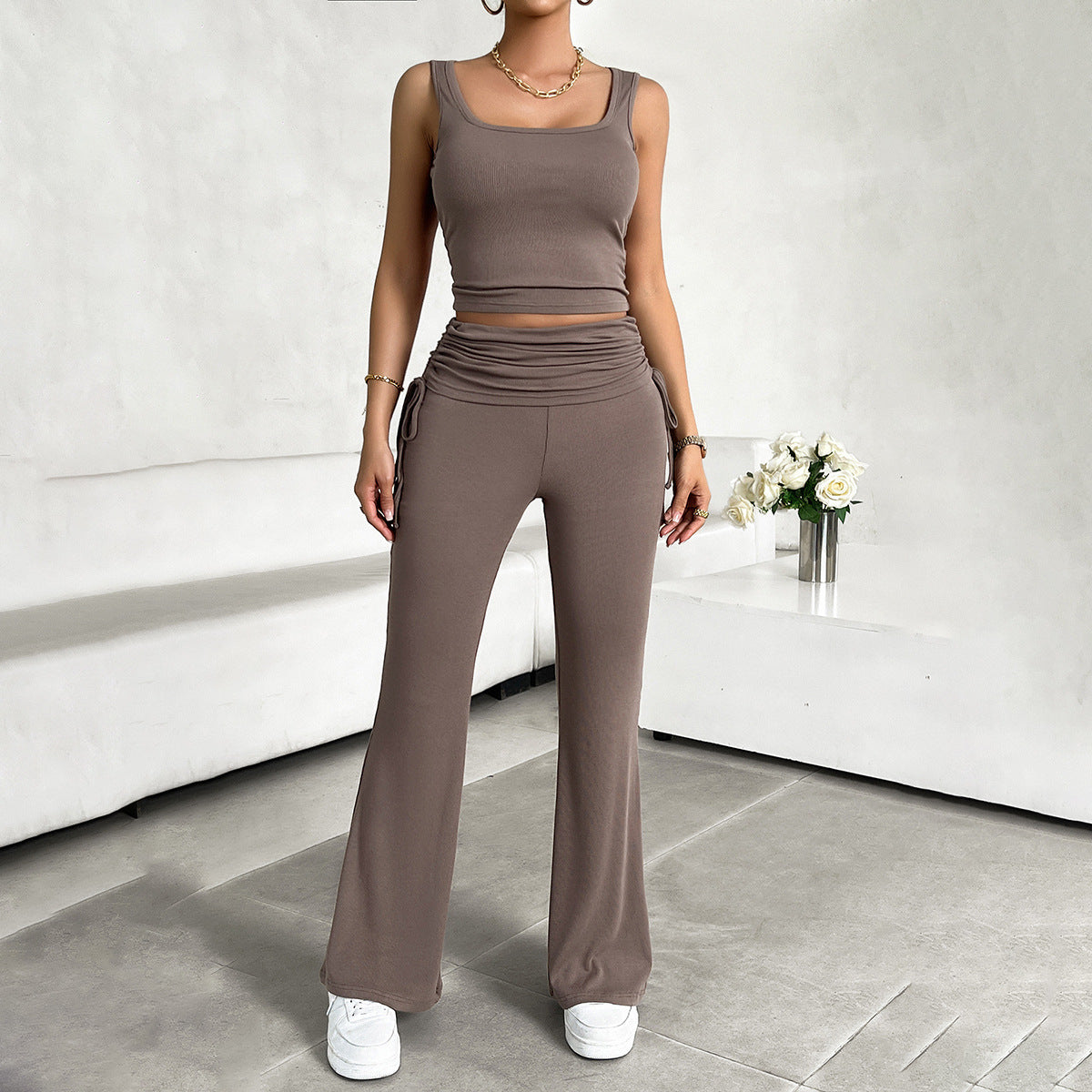 Women's Casual Solid Color Slim-fit Vest Trousers Set