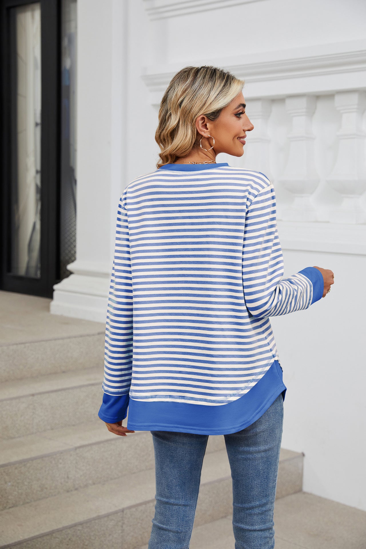 Striped Contrast Color Crew Neck Loose Long Sleeve Sweater