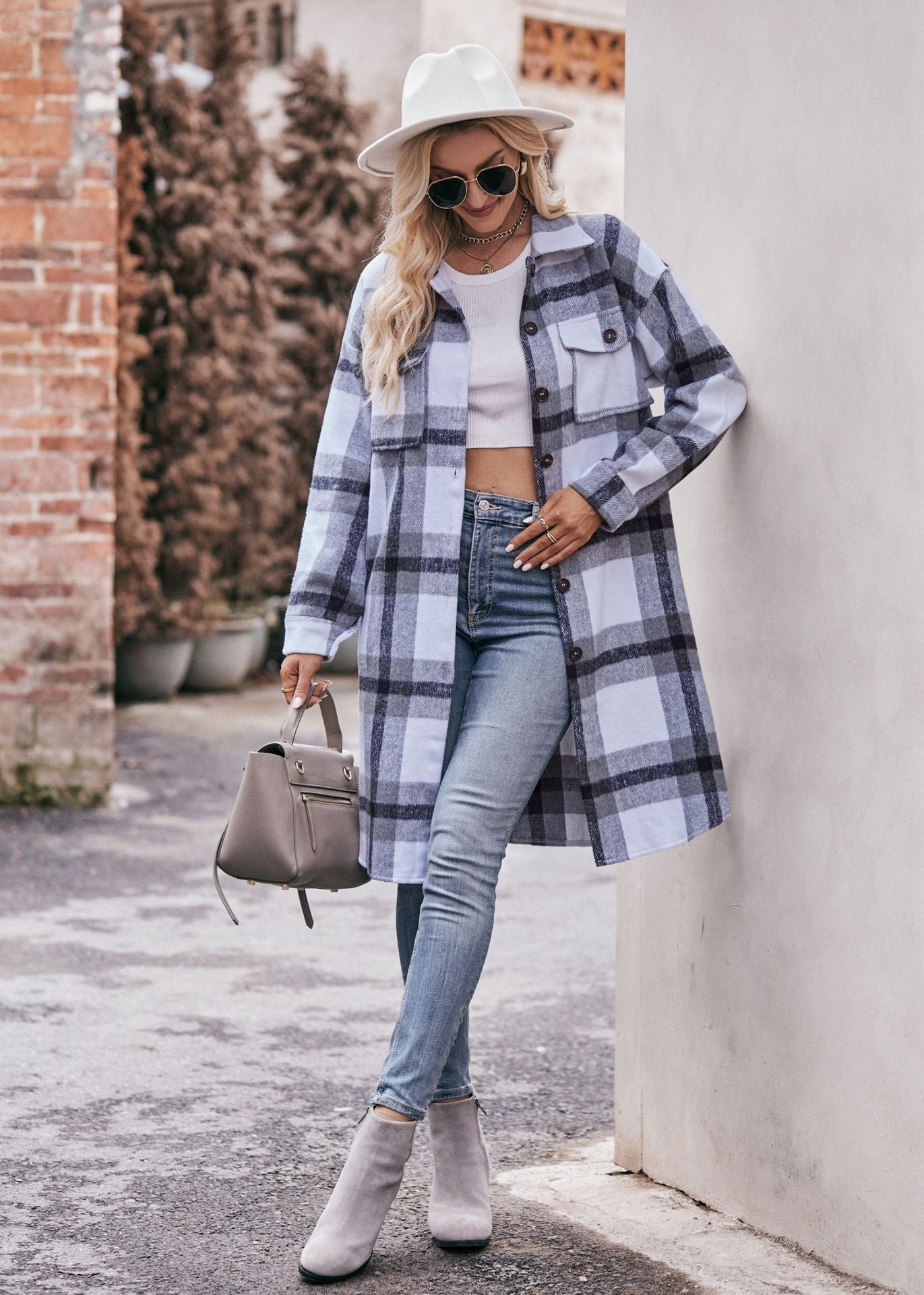 Women's Casual Flannel Plaid Shirt Long Jacket