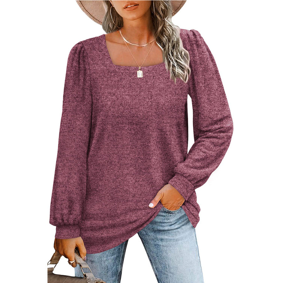 Loose Casual Bubble Sleeves Square Neck Long-sleeved T-shirt