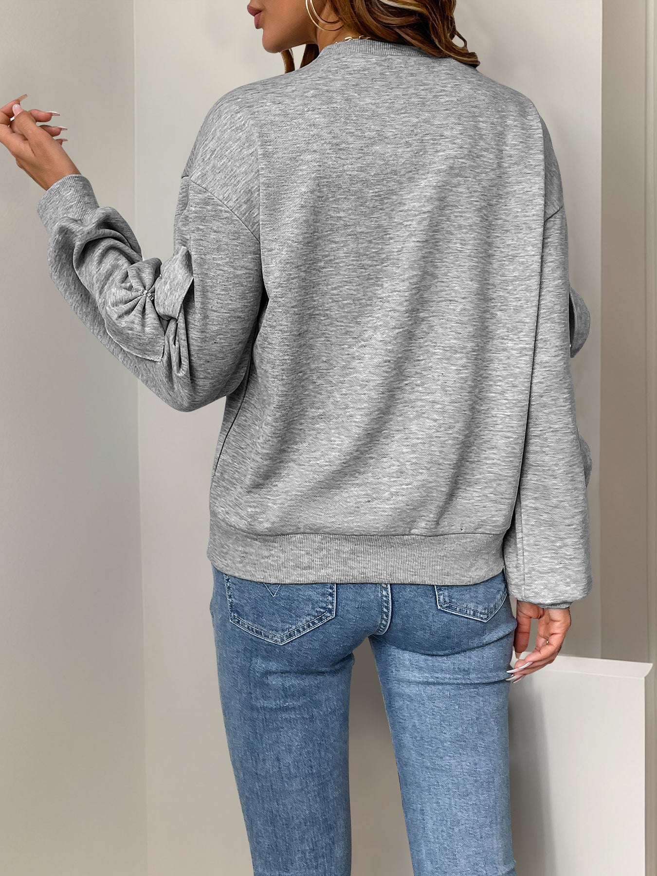 Casual Sweatshirt Crew Neck Bow Patchwork Gray Long Sleeve Tops