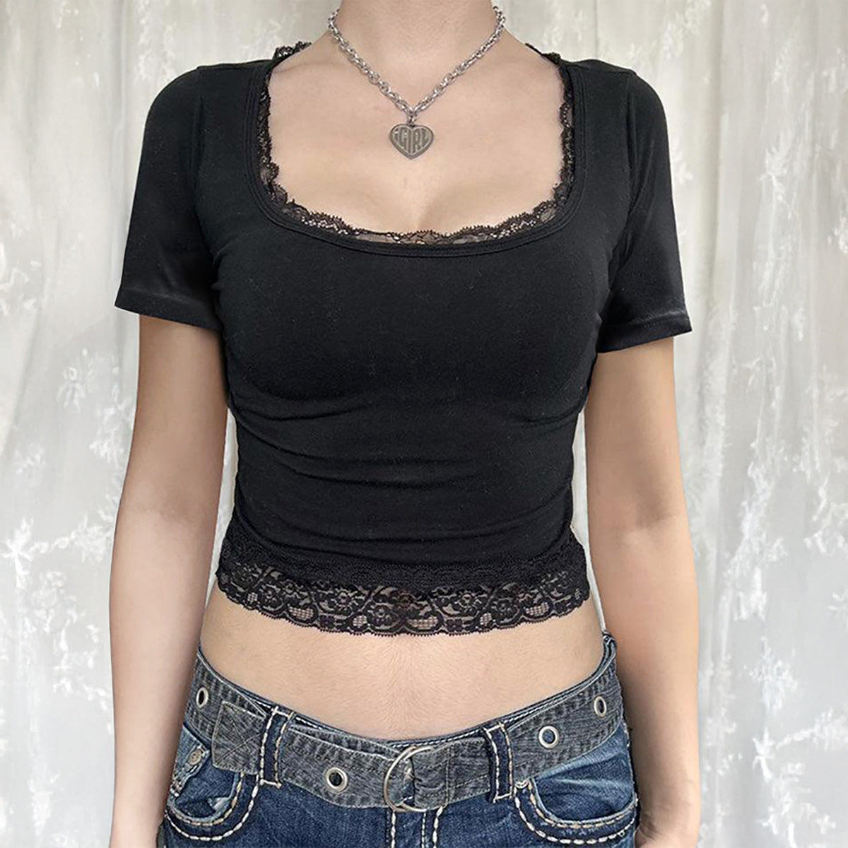 Women's Y2K Lace Trim U-Neck Slim-Fit T-Shirt