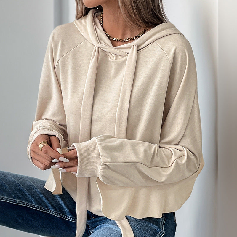 Drawstring Hooded Ruffle Edge Long Sleeve Pocket Solid Color Sweater Women