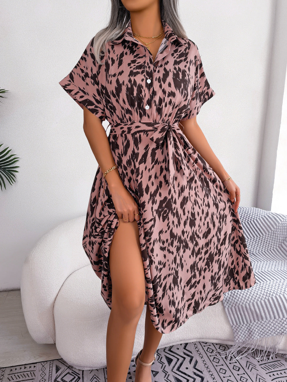 Casual Loose Leopard Print Lace-up Dress V-Neck