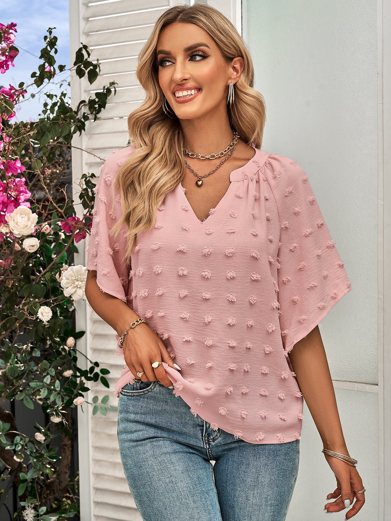 Casual V-neck Solid Furball Top