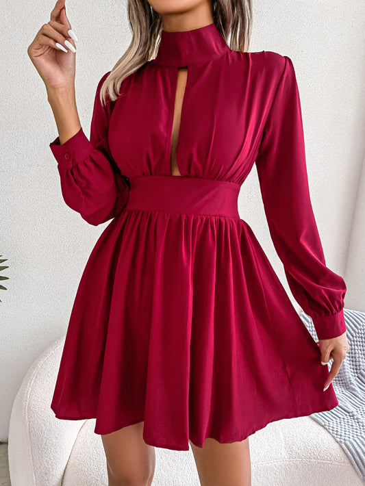 High Collar Long Sleeve Casual Sexy Cutout Waist-Slimming Swing Dress