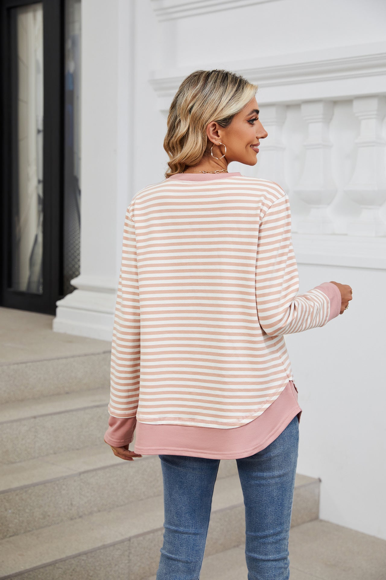 Striped Contrast Color Crew Neck Loose Long Sleeve Sweater