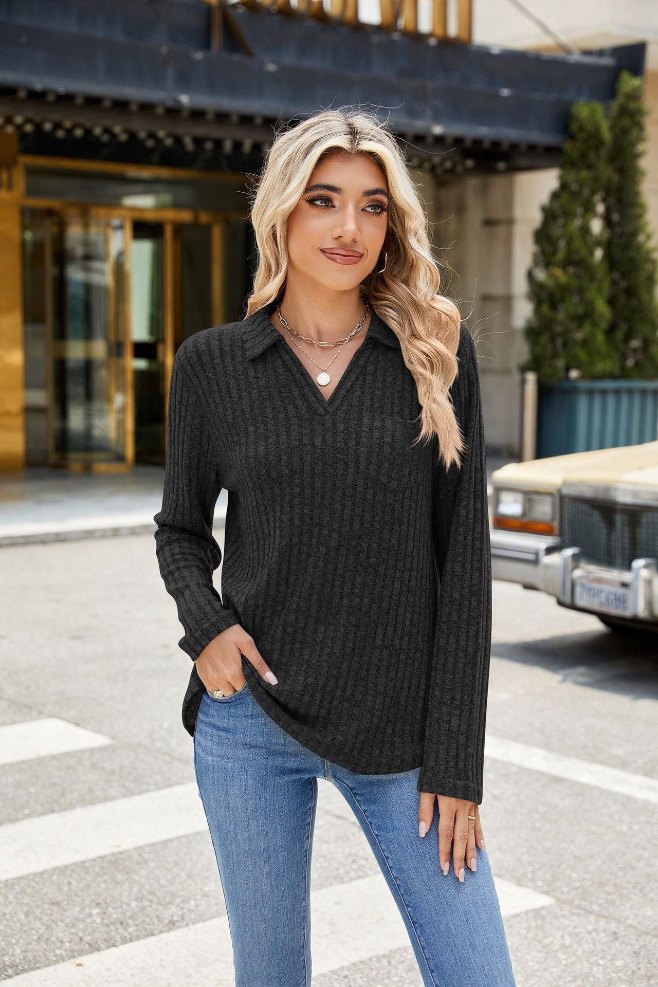 Solid Color Lapel Pocket Long Sleeve Loose T-shirt