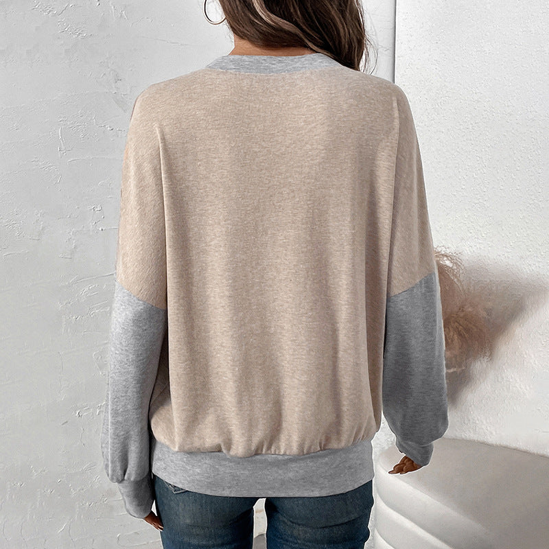 Crew Neck Contrasting Color Splicing Casual Loose Sweater