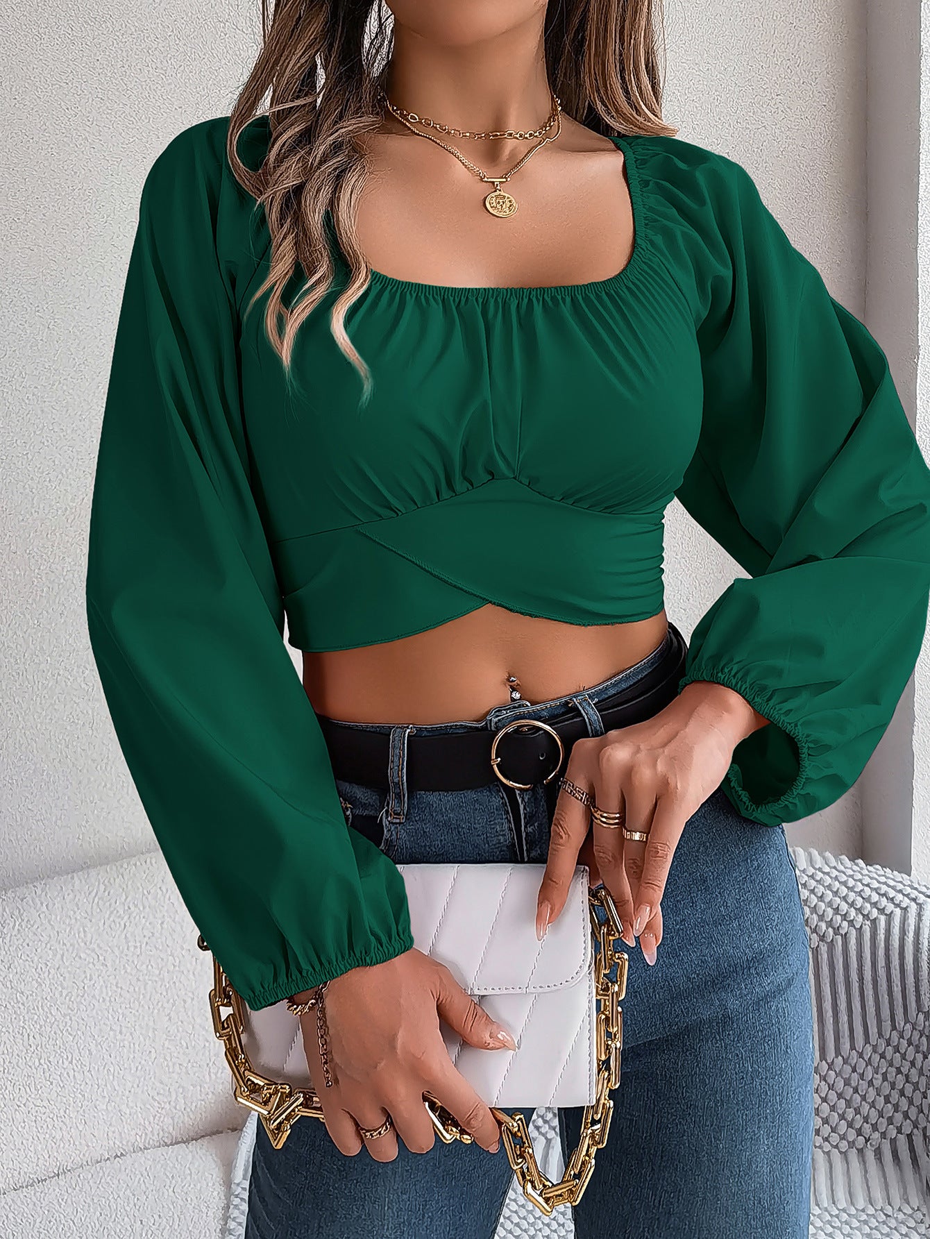 Women's Tops Casual Lantern Sleeve Tie Waist Chiffon Crop Top