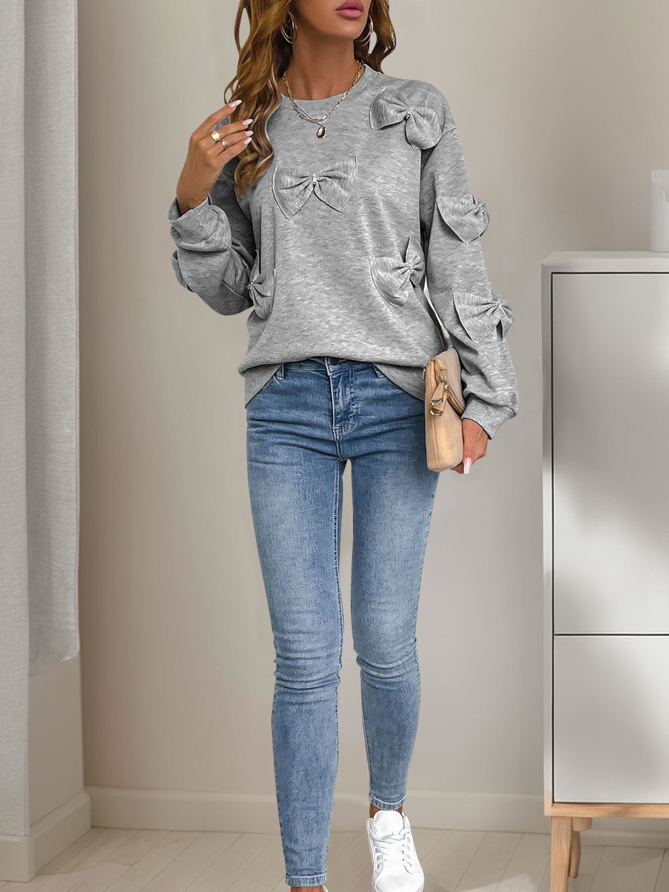 Casual Sweatshirt Crew Neck Bow Patchwork Gray Long Sleeve Tops