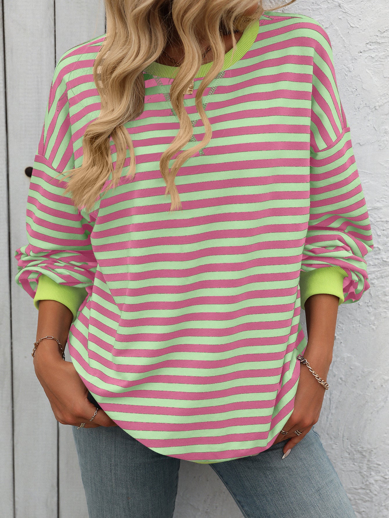 Women Color Striped Crew Neck Loose Sweatshirt Sweater