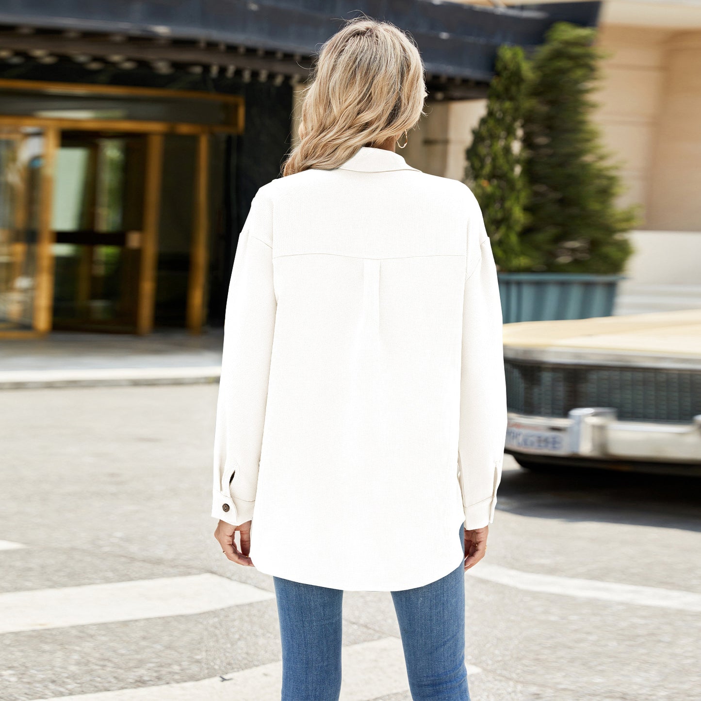 Solid Color Striped Lapel Button Long Sleeve Loose Shirt Women