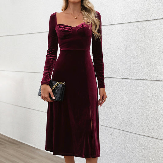 Velvet Dress  Square Neck Smocked Ruffle Flowy Midi Dresses