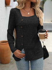 Square Collar Pit Strip Polished Solid Color Top Long Sleeve Buttons