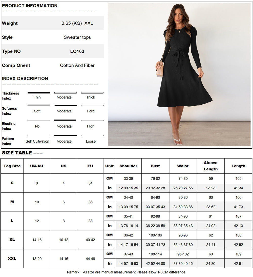 Long Sleeve Crewneck Waist Swing Casual Knit Sweater Dress