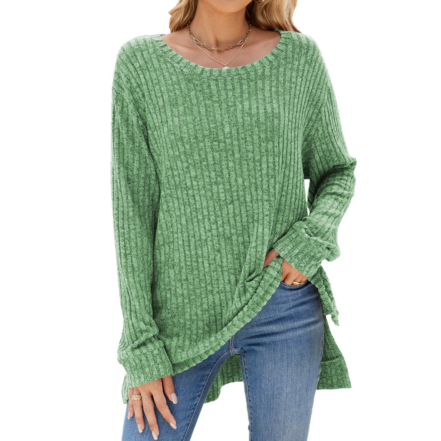 Crew Neck Loose Long-sleeved Split Top