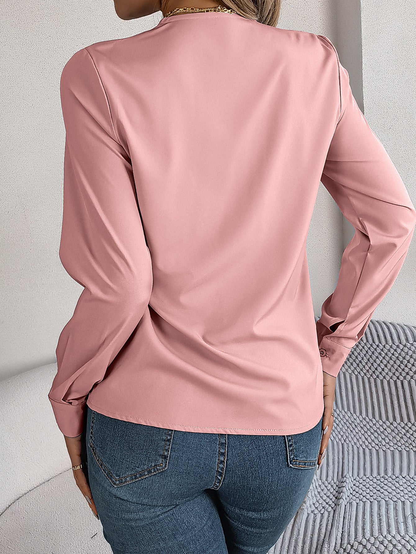 Long Sleeve Tops Pleated V Neck Dressy Casual Blouse Shirt Top