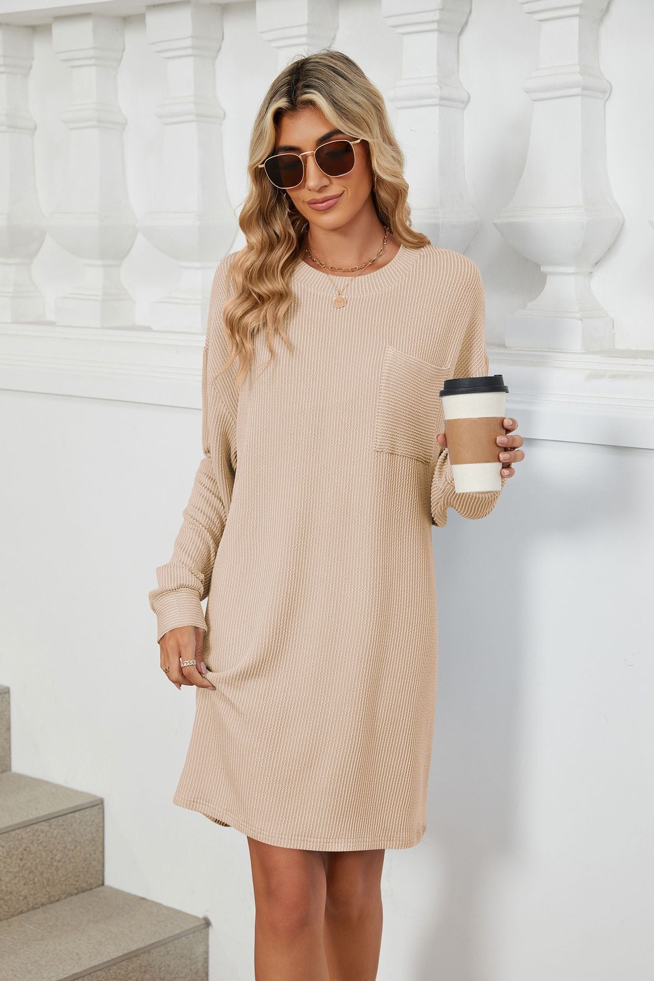 Crew Neck Striped Pocket Loose Long Sleeve Dress