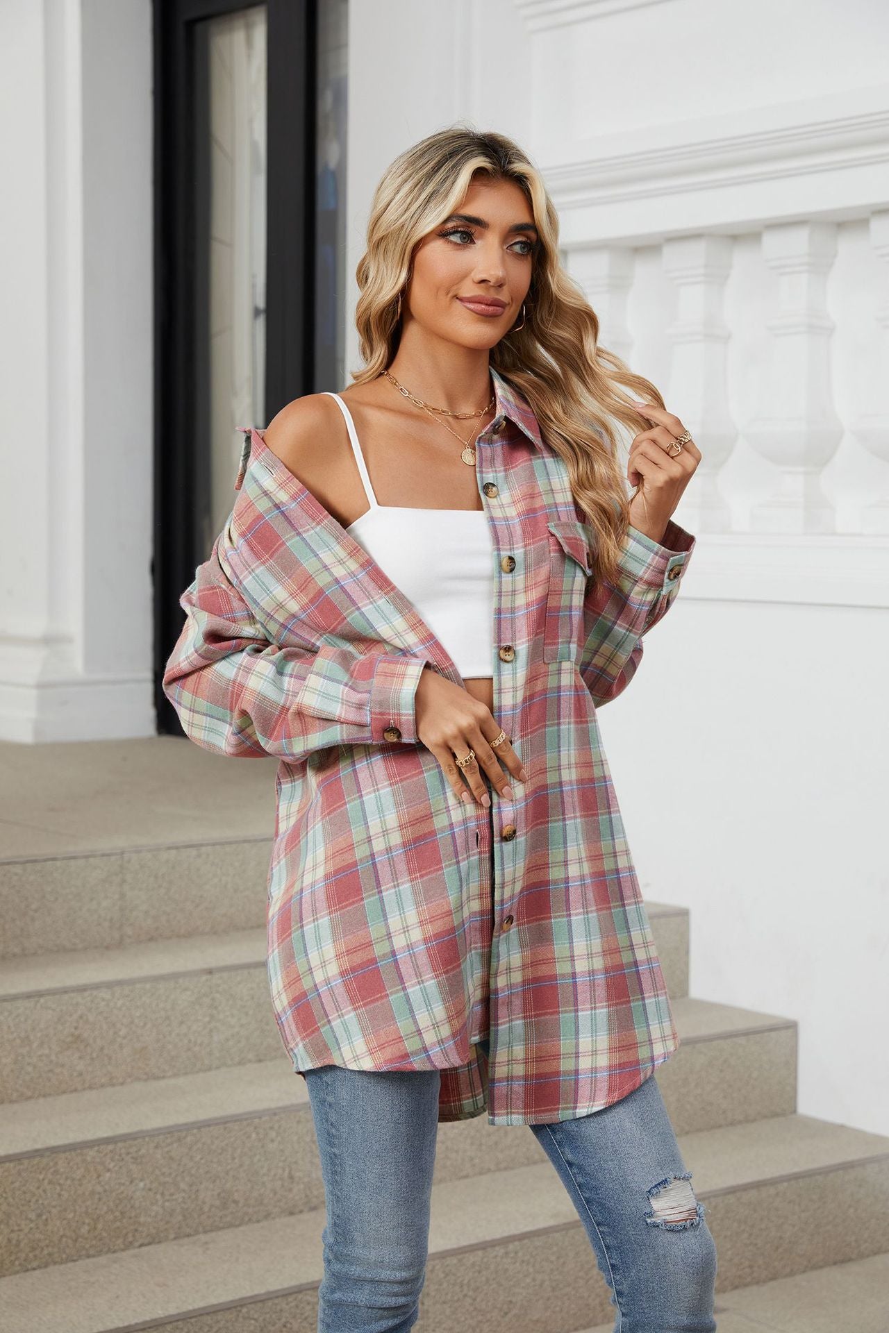 Women's Plaid Shirt Polished Long Sleeve Shirt