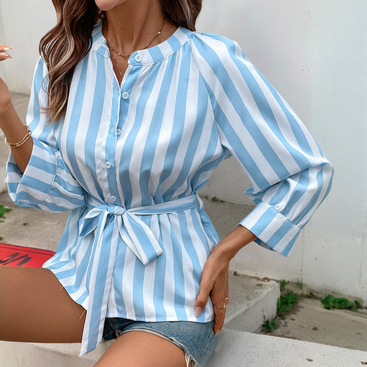 Striped Belted V-Neck Long Sleeve Shirt Top