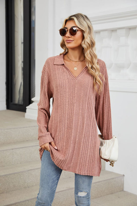 Solid Color V-neck Long-sleeved Loose T-shirt Top