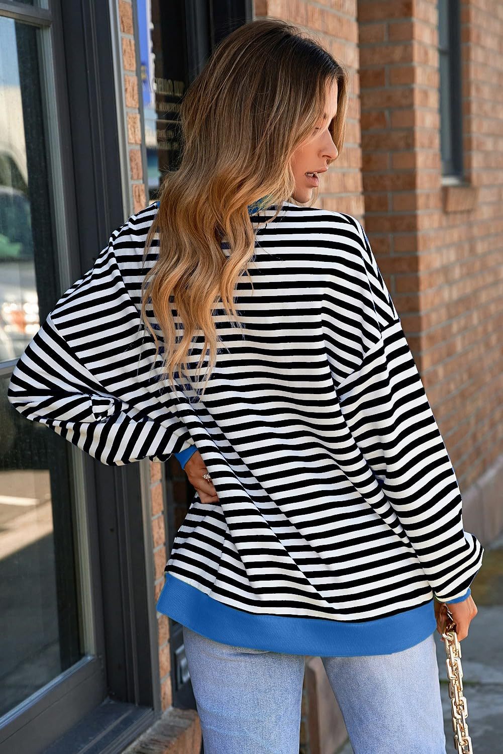 Women Color Striped Crew Neck Loose Sweatshirt Sweater